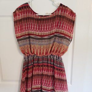Cap Sleeve Burgundy Tribal Print Dress